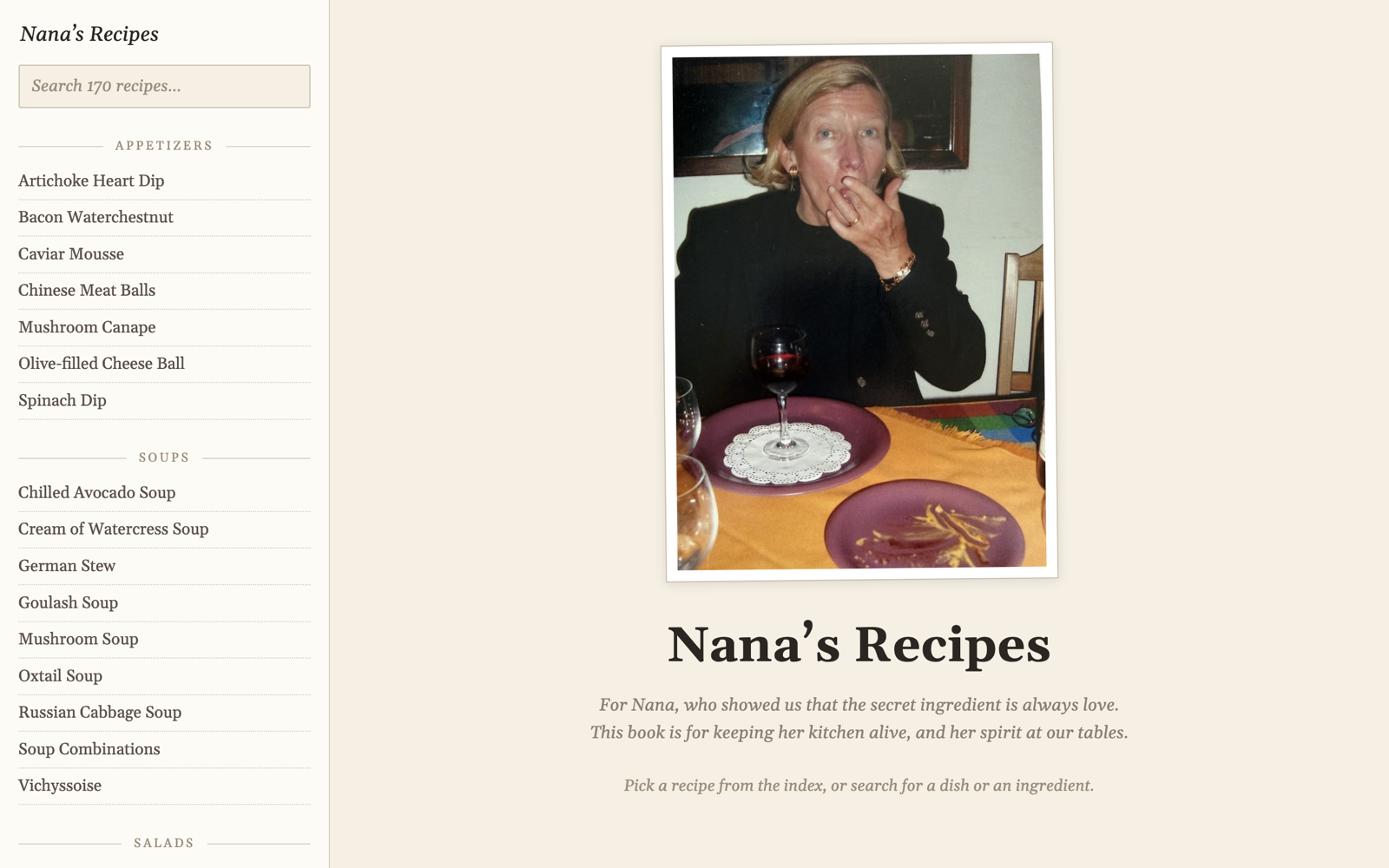 Nana's Recipes, with a searchable recipe index on the left and a photograph of Nana at the table.